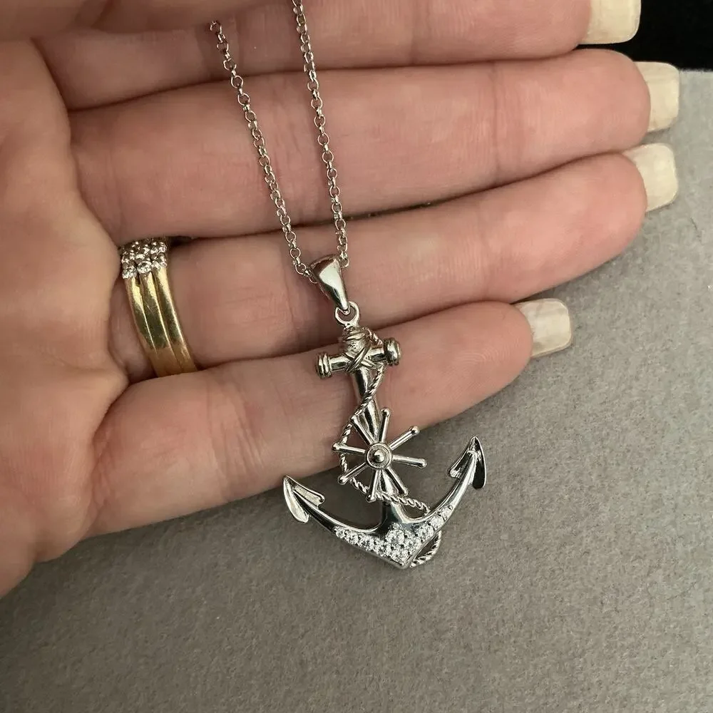 Beautiful Genuine Moissanite Anchor Pendant Necklace Solid 925 Sterling Silver